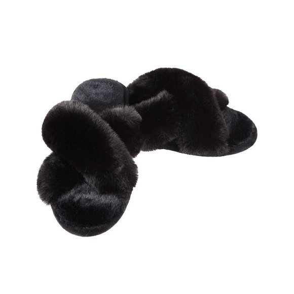 NWOT MeMoi Beverly Cozy Black Fur Criss Cross Open Toe Memory Foam Plush Slipper - Picture 2 of 4